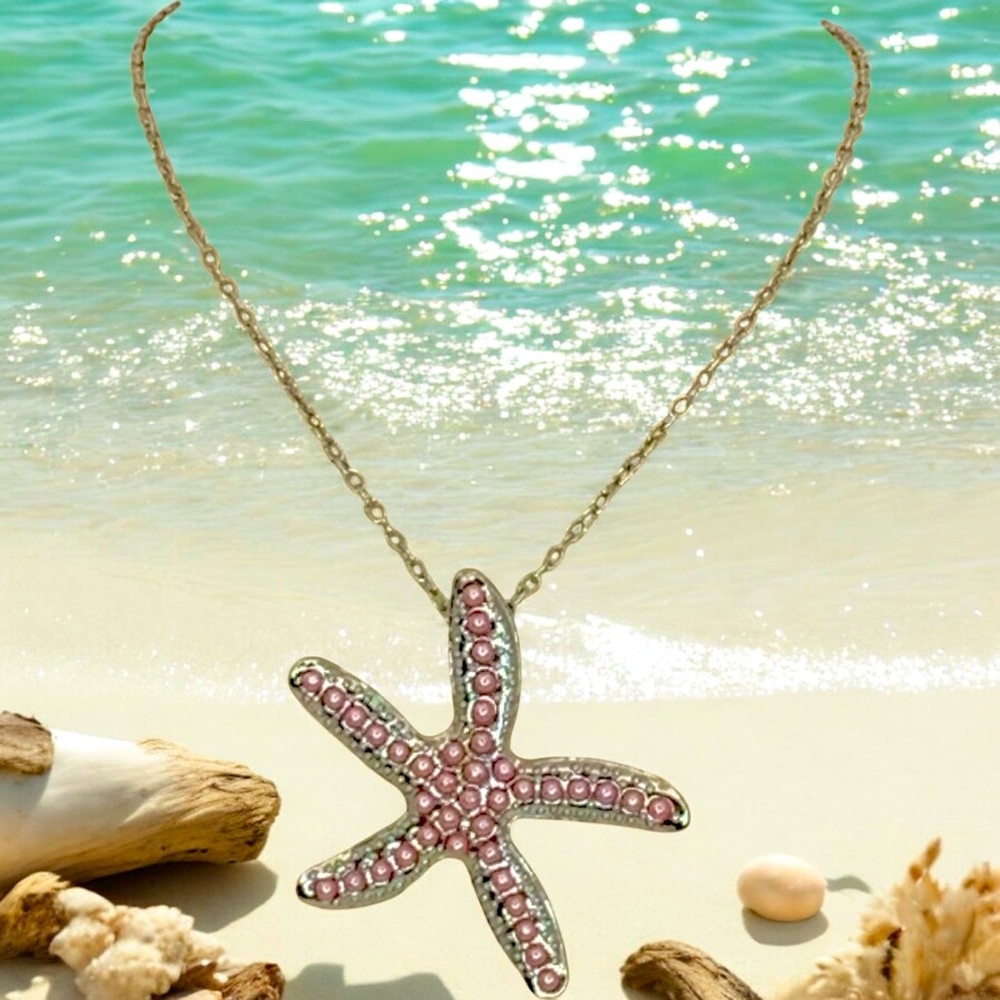 Starfish Pink and Gold Necklace with Pink Faux Pearl  Accents - Picture 7 of 9